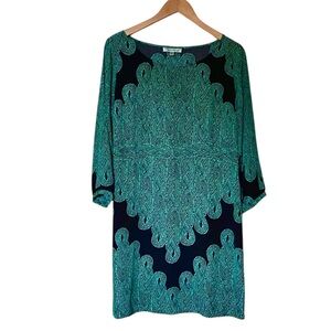 Beth Bowley 100% Silk Shift Dress Black Green Bracelet Length Sleeves | L